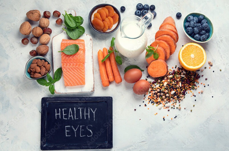 Food for eyes health. Foods that contain vitamins, nutrients, minerals and antioxidants.